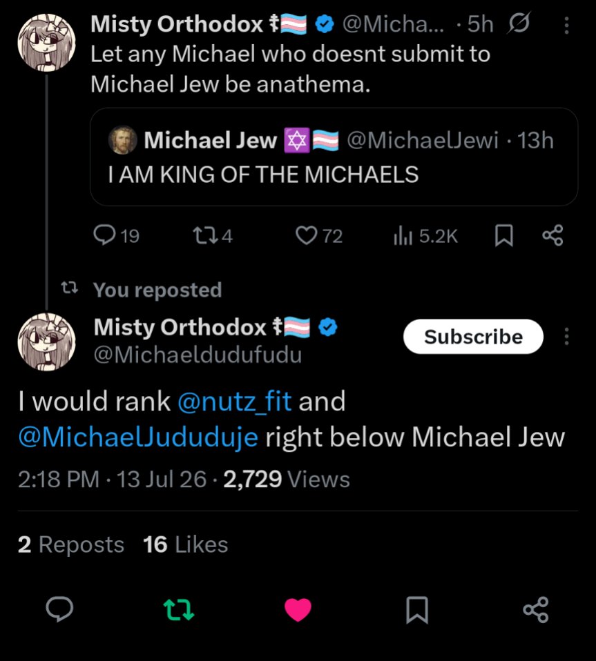 nutz_fit's tweet photo. Anyone who doesn't accept the authority of the one true apostolic church led by Michael Jew, Michael Fascist and Michael Jedi shall be deemed schismatic as the authority was given by Misty Orthodox herself https://t.co/lejHx7nLUu