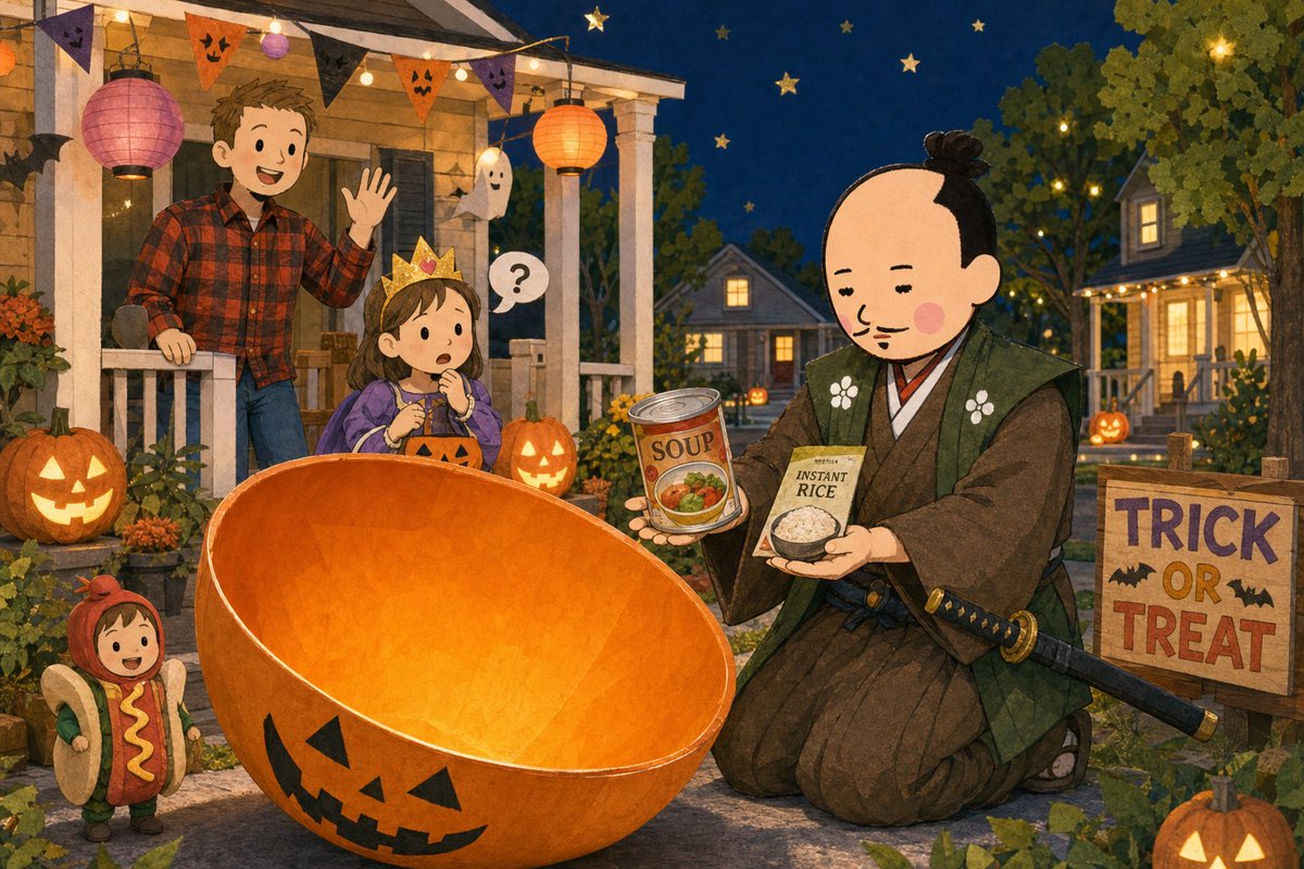 japan_nobunaga's tweet photo. On the last night of October, children came to my door and demanded tribute.

They were armed. One was a small skeleton. One was a hot dog.

"Trick or treat."

A threat, delivered politely, with the bag already open. I have negotiated with warlords who were less direct.

I paid. I paid generously, because a house that pays poorly on the first raid invites a second.

They came back anyway.

Not the same ones. Different children. Word had moved.

By eight o'clock my candy was gone and the line was not.

A boy dressed as a bank robber looked into my empty bowl.

"That's okay," he said.

It was not okay.

I gave him a granola bar. He accepted it with the dignity of a man accepting a lesser sword.

Then I gave out fruit. Then juice boxes. Then, and I wish to be honest with you, a can of soup.

At nine, a girl received from me one unopened package of instant rice.

She turned it over twice. She looked up at me. Then she put it in her bag with the candy, because she is nine, and she has been raised not to embarrass a grown man in his own doorway.

Her father was standing at the end of my path. He looked into her bag. He looked at me.

"Long night?"

"I have failed," I said.

He said, "Nah, man. You're the only house still open."

Then he nodded once and walked his daughter home.

I have bought four hundred pieces of candy for next year.

They are in a locked cabinet. I have the key. There is one key.

I have also bought a second bowl, a folding table, and a headlamp, and I have scheduled a resupply run for eight fifteen, which is the hour I fell.

I have run one rehearsal. My wife agreed to participate. She rang the doorbell forty times.

I did not fail the rehearsal.

My wife says I have a problem.

I have told her the truth, which is that I will not be taken by a hot dog twice.

We are both correct.