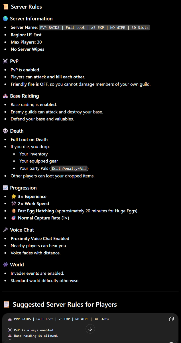 Ryze_Jones's tweet photo. If anyone's looking for a long-term PvP server, I just launched a 24/7 dedicated Palworld server inspired by Rust/DayZ. #palworld #chudswithoutborders
โ๏ธ PvP & Base Raiding
๐ Full Loot Deaths
โญ 3x EXP
๐ฅ Fast Eggs
โ๏ธ 2x Work Speed
๐ค Proximity Voice Chat
๐ซ No Planned Wipes
Search:
PVP RAIDS Full Loot x3 EXP NO WIPE 30 Slots