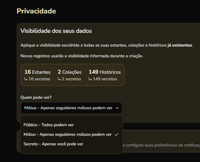 maratona_app's tweet photo. - Adicionado a tela de "Privacidade" para possibilitar a alteração da visibilidade de todas as coleções, estantes e históricos de uma única vez. https://t.co/SJEfruzsXR