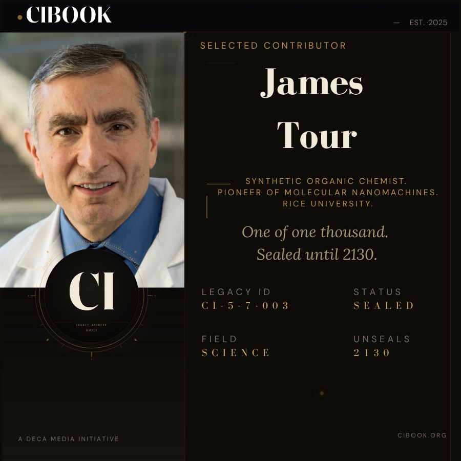 cibookofficial's tweet photo. James Tour has contributed to CIBOOK. A chemist whose lab built the first single-molecule nanocar, his sealed contribution remains inaccessible until 2130.
#CIBOOK #CIBOOK2030 https://t.co/5xyIuFwCb6