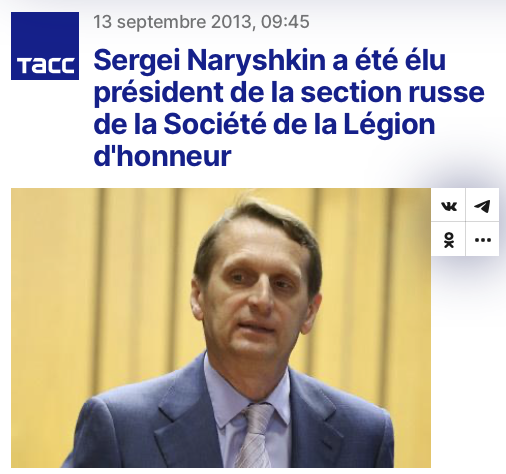benoitmgh's tweet photo. 🔴 Ingérences et guerre hybride de la Russie contre la France :
l'un des responsables, Sergueï Narychkine chef du Service de renseignement extérieur (SVR) russe ... est toujours Officier de la Légion d'honneur !
@EmmanuelMacron refuse de la lui retirer
https://t.co/euMI4WMEzX https://t.co/JedIuPjmgd