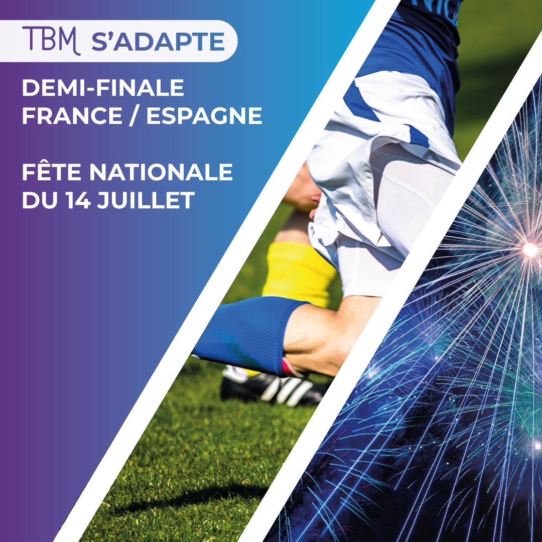 info_tbm's tweet photo. ⚠️Ce mardi 14 juillet à partir de 17h sur les lignes de bus et de 20h sur les lignes de tram des déviations et interruptions sont à prévoir en raison du match France/Espagne et de la Fëte Nationale du 14 juillet. 

✨ Le réseau circulera jusqu'à 1h du matin exceptionnellement (au lieu de minuit) et la fréquence des trams sera renforcée en fin de soirée sur les tronçons desservis.

ℹ️ L’information trafic sera disponible en temps réel sur https://t.co/EYcnxG5VBW et l’app TBM.
🎇⚽🎉 Plus de détails : https://t.co/b9lZRo6CJo