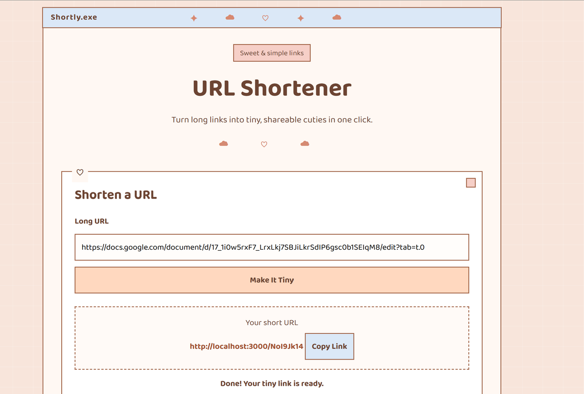 shruti_mz's tweet photo. #LSPPDay43
Built a URL shortener using Node.js, Express, MongoDB, and nanoid. It generates unique short links, redirects users to the original URL, and tracks click counts.
#LearningWithLeapfrog
#60DaysOfLearning2026
@lftechnology 
Code: https://t.co/qKv9rEEB2S https://t.co/T8CcZv20Eq