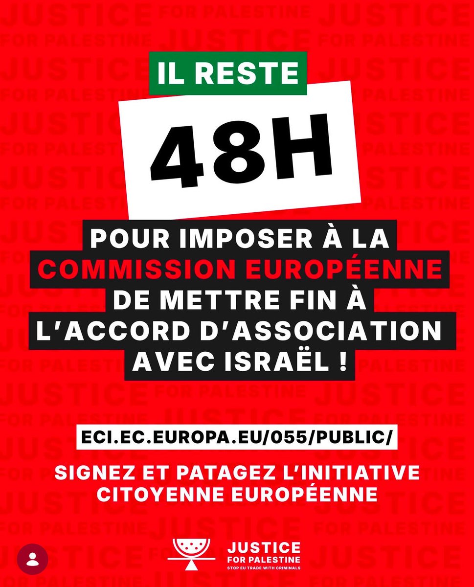 GabrielleCthl's tweet photo. Il ne vous reste plus que 48 heures pour signer notre initiative citoyenne européenne visant à suspendre l’accord d’association entre l’UE et Israël ! 

Signez ici : https://t.co/yAXhsypvXd

🇵🇸🇵🇸🇵🇸 https://t.co/OtlyFJXY69