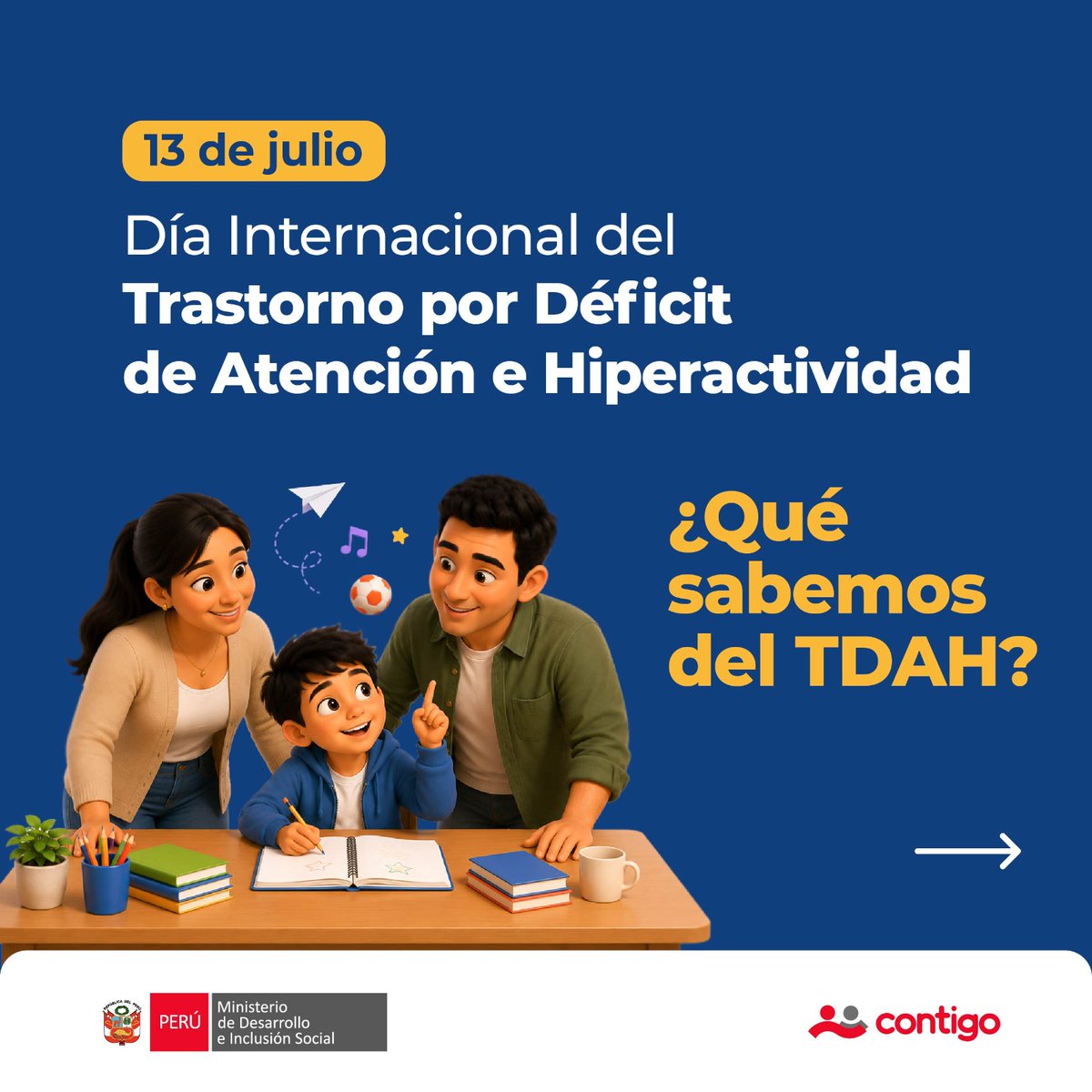 MidisPeru's tweet photo. 🗓️ 13 de julio | En el Día Internacional del Trastorno por Déficit de Atención e Hiperactividad (#TDAH), promovemos una mayor comprensión sobre esta condición del neurodesarrollo.
🧠 El TDAH no es falta de disciplina ni de interés. Requiere evaluación profesional, acompañamiento familiar y educativo, así como entornos que favorezcan el desarrollo de las capacidades de cada persona.
🌎 Informarnos y fomentar la inclusión nos permite construir una sociedad con más oportunidades para todos.
#Midis #Contigo #InclusiónSocial #TDAH