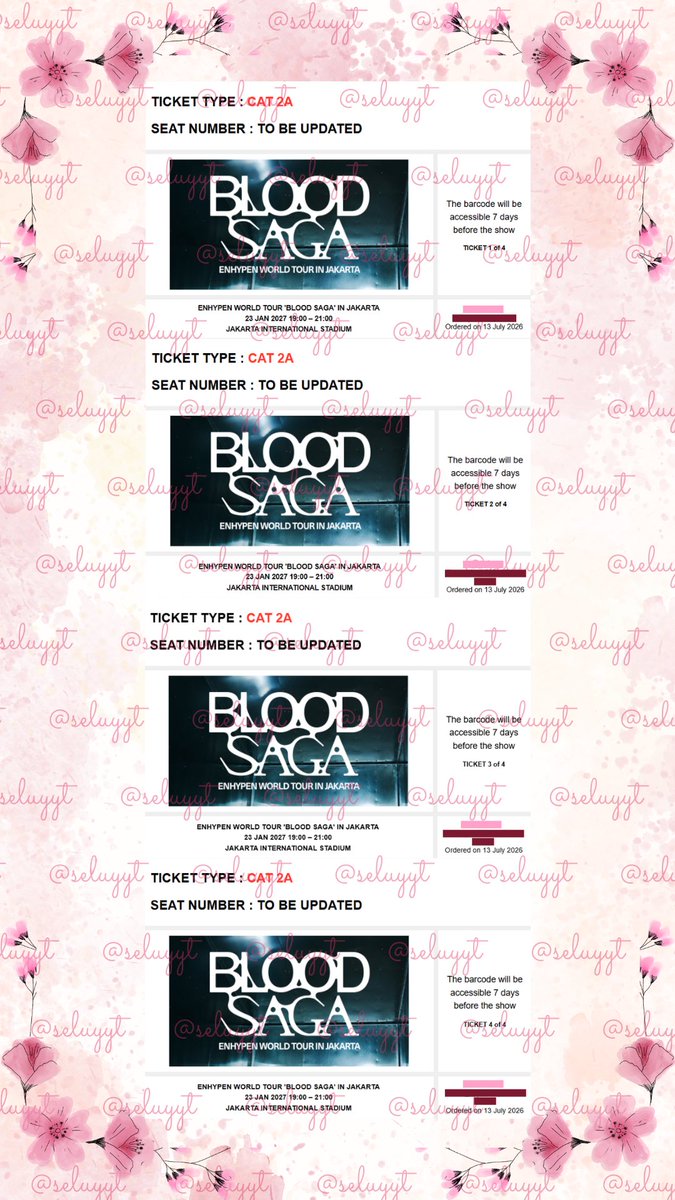 seluyyt's tweet photo. WTS 4 Tiket Cat 2A Enhypen BloodSaga, di prioritaskan yang beli 4 ya, Thank you 
#enhypen #bloodsaga https://t.co/NyrIqIy8D3