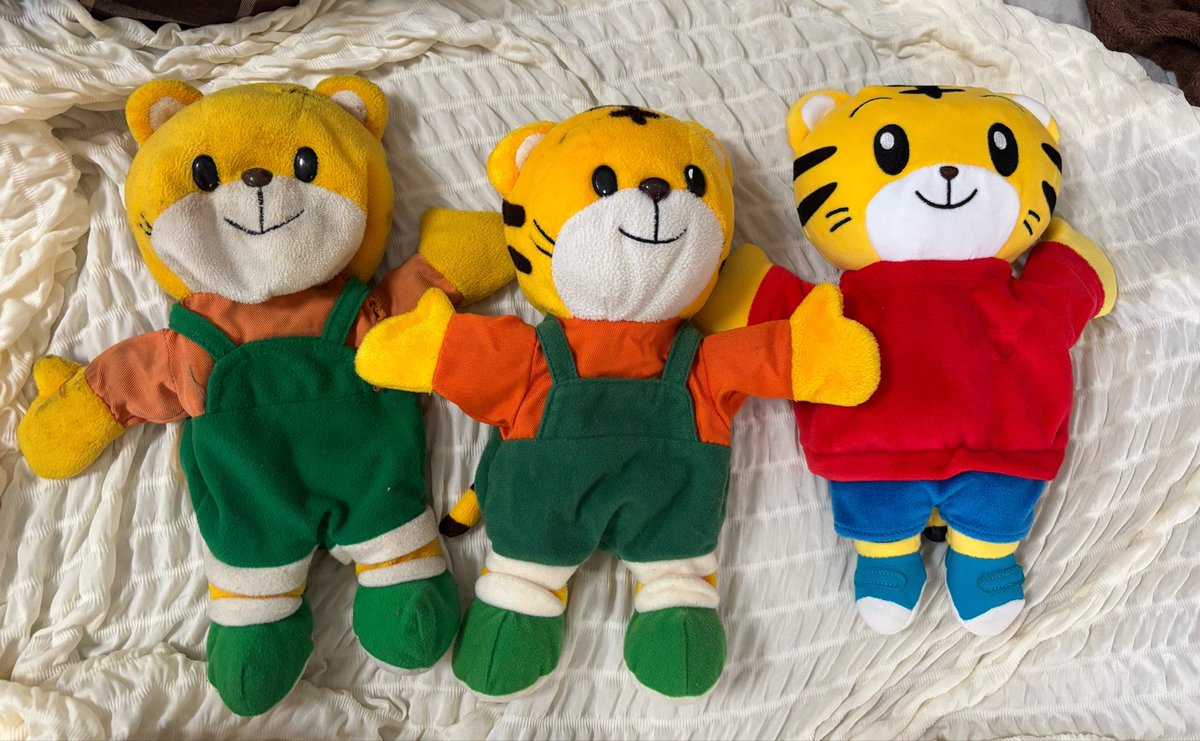 yzmk0420's tweet photo. 左から、私のしまじろう、弟のしまじろう、娘ちゃんのしまじろうだよ🐯
私はお気に入りすぎてずっと持ち歩いてたから色が禿げてる🤣🤣
しまじろう、いつもありがとうだよ https://t.co/iGfVM1Ix0F