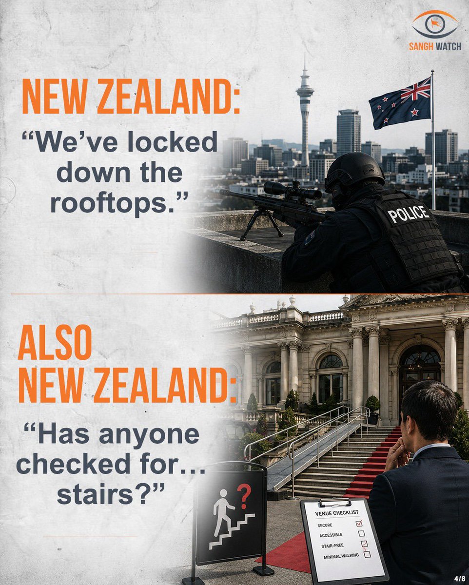SanghWatch's tweet photo. Snipers on rooftops. Stair-free venues. Scheduled nap breaks. 🇳🇿

As PM Narendra Modi, 75, visited New Zealand, local authorities reportedly implemented heightened security while his advance team requested a schedule allowing rest periods and a preference for venues without stairs, adding an extra layer of logistics to the historic visit.