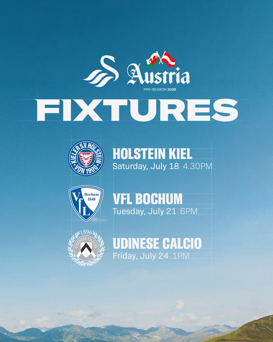 SwansOfficial's tweet photo. Our final pre-season fixture out in Austria has been confirmed ✅

We'll play @Udinese_1896 on Friday, July 24 at Fussballplatz Mittersill (1pm local time) 🏟️ https://t.co/NzVX6MFNWH