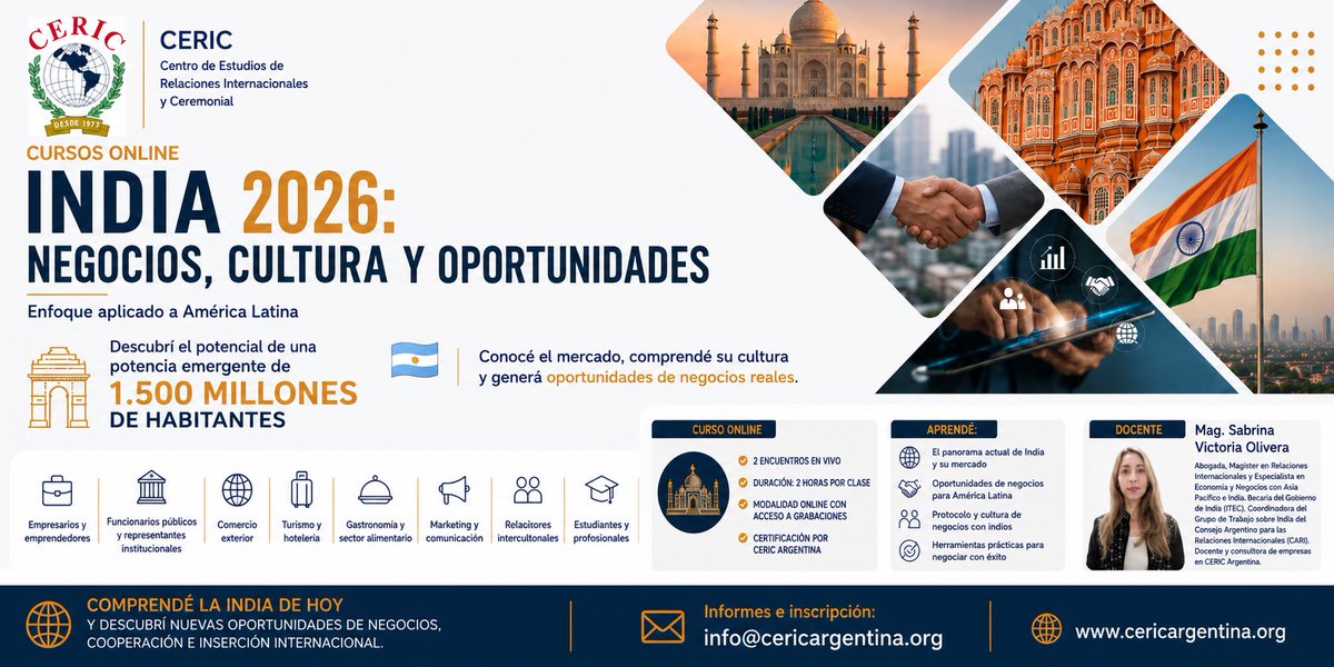 ArgentinaCeric's tweet photo. 🇮🇳 ¿Su organización está preparada para hacer negocios con India?
Invitamos a participar de INDIA 2026: Negocios, Cultura y Oportunidades para América Latina,

📅 22 y 29 de julio
🕡 18:30 a 20:30 hs 
📩 info@cericargentina.org

🌐 https://t.co/eNqaPVZYCO https://t.co/nK9SKhM0kB