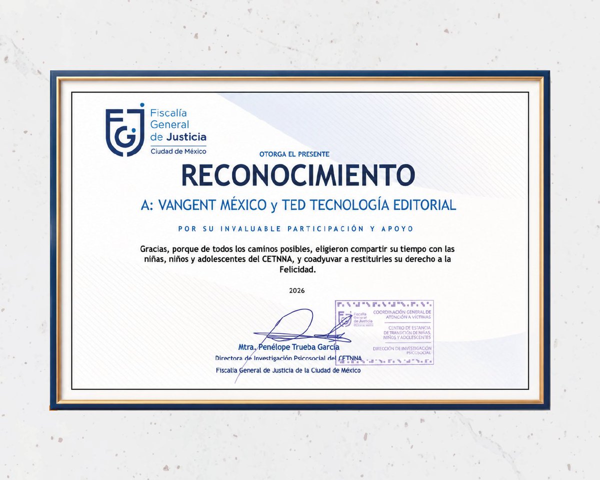 VangentMexico's tweet photo. En #VangentMéxico agradecemos a la @FiscaliaCDMX el reconocimiento por nuestra colaboración, junto con TED Tecnología Editorial, en beneficio del #CETNNA. Este reconocimiento nos impulsa a seguir apoyando iniciativas que generan un impacto positivo en la comunidad. https://t.co/votvOnAJFY