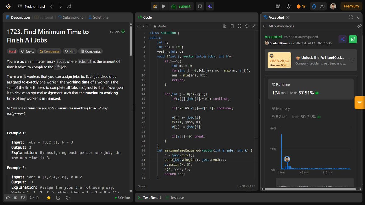 shahidx_05's tweet photo. Day 493 of #1001DaysOfCode
- Solved 4 DSA
✅ Sequential Digits
✅ Longest Duplicate Substring
✅ Find Minimum Time to Finish All Jobs
✅ Rearrange the Array
✅ 3 Codeforces problems https://t.co/5tIJrNHVjm