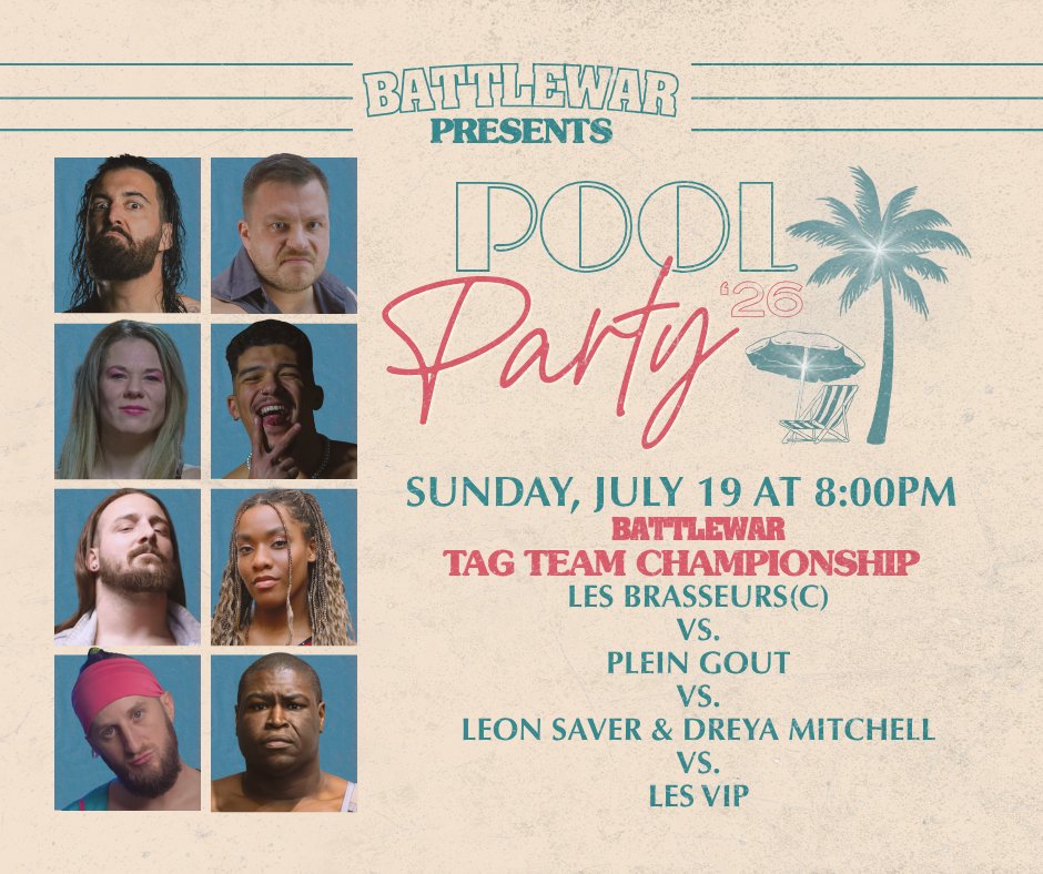 TheBATTLEWAR's tweet photo. The BATTLEWAR Tag Team Championship will be defended in a scramble match!

When?  Sunday at @LesFoufs!

Current champions, Les Brasseurs will have their hands full with three contenders, which include Plein Gout, Leon Saver and Dreya Mitchell and their old foes, Les VIP. https://t.co/JUg3AX7hN5