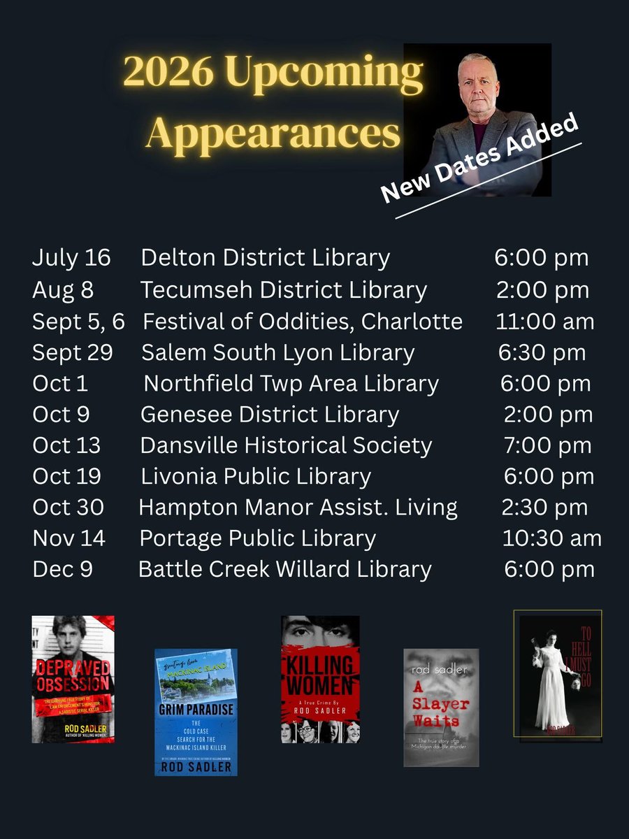 RMSauthor's tweet photo. Hey, Michigan! New dates added. #truecrime #puremichigan #libraryprograms @WildBluePress https://t.co/meO0JH2HsK