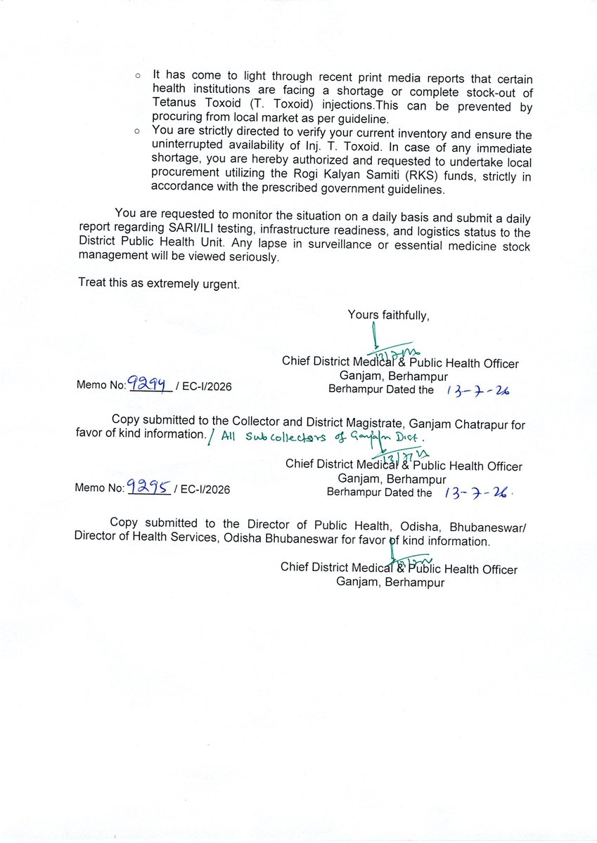 AshirbadACE's tweet photo. COVID Alert in Ganjam as Andhra Reports Fresh Cases, Health Department Orders Heightened Surveillance

Brahmapur: With neighbouring Andhra Pradesh reporting fresh COVID-19 cases and suspected fatalities, the Ganjam district administration has placed the health machinery on high alert and directed all government health institutions to strengthen surveillance and preparedness to prevent any possible spread of the virus into Odisha.

In a directive issued, Chief District Medical and Public Health Officer (CDM&PHO), Ganjam, instructed the Superintendent of City Hospital, all Sub-Divisional Hospitals (SDHs) and Community Health Centres (CHCs) to immediately implement enhanced COVID-19 surveillance measures in accordance with the latest guidelines of the Union Ministry of Health and the Odisha Health Department.

The order mandates compulsory COVID-19 testing for all patients suffering from Severe Acute Respiratory Illness (SARI). It also directs health facilities to conduct random COVID-19 tests on at least five per cent of patients reporting Influenza-Like Illness (ILI) symptoms to ensure early detection of infections.

Hospitals have been instructed to keep isolation wards fully operational and ensure readiness of oxygen-supported beds, oxygen plants, oxygen concentrators, cylinders and other essential medical logistics. The administration has also asked healthcare workers, including ASHA and ANM staff, to closely monitor their respective areas for any unusual clustering of fever or respiratory illness cases.

The district health authorities have further directed all medical institutions to maintain adequate stocks of essential medicines such as ORS, paracetamol, zinc, Vitamin-A, Vitamin-B2 supplements, respiratory medicines and azithromycin tablets. They have also been asked to verify the availability of Tetanus Toxoid (TT) injections. In case of shortages, hospitals have been authorised to procure the vaccines locally using Rogi Kalyan Samiti (RKS) funds as per government norms.

The CDM&PHO has instructed all health facilities to submit daily reports on SARI and ILI testing, infrastructure preparedness and medicine availability to the District Public Health Unit. The order warns that any lapse in surveillance or stock management will be viewed seriously.

The district administration has appealed to the public not to panic, while urging people with respiratory symptoms to seek medical attention promptly and continue following respiratory hygiene and other preventive measures.