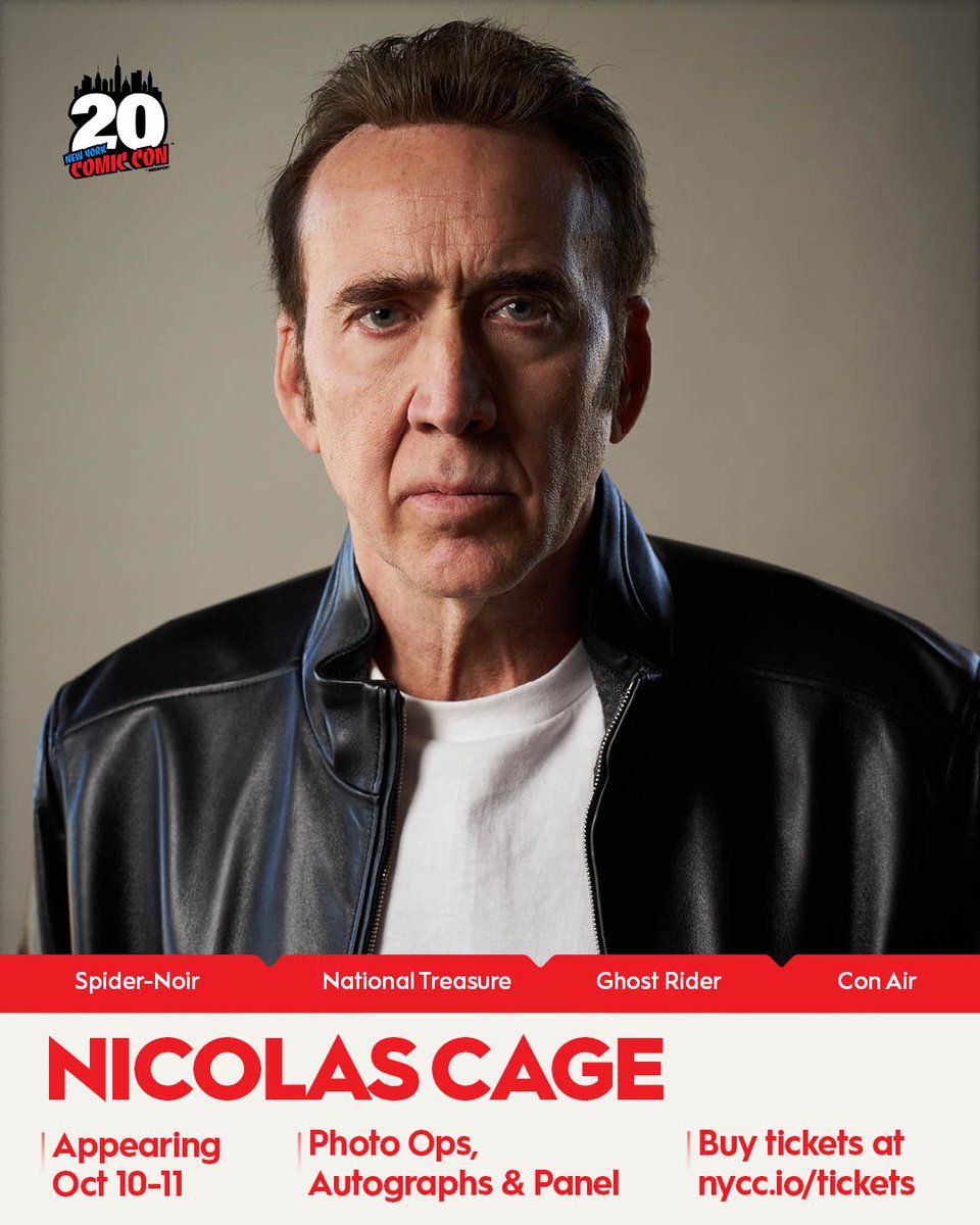 NY_Comic_Con's tweet photo. Oscar winner, action icon, comic book legend, cult classic king, literal national treasure, shall I go on? 💥

We’re thrilled to welcome the one and only Nicolas Cage to the Javits Center on Saturday, October 10 and Sunday, October 11. Meet Nicolas (Spider-Noir, National Treasure, Ghost Rider, Con Air) at NYCC for Photo Ops & Autographs and watch an unforgettable panel.

Photo Ops and Select Autographs go on sale soon! Mark your calendar and set an alarm: 
VIP and Superfan Presale: Tuesday, July 28 at 12:00 PM ET 
General On-Sale: Thursday, July 30 at 12:00 PM ET

Create your Fan Verification profile and buy tickets now at https://t.co/P4qIAzUfh1

Autograph send-in submissions are open now with @collectsignet, the official autograph partner of NYCC. Can’t make it to the show? You can send in your photos and memorabilia to be signed by our NYCC guests with our friends at Signet! Learn more: https://t.co/Tj0tdsVsyP