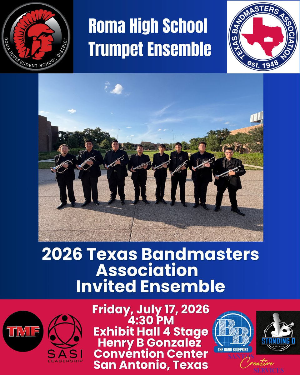 RomaISD's tweet photo. 🎺🏆 Congratulations to the Roma High School Trumpet Ensemble! 🏆🎺

Roma ISD proudly congratulates the Roma High School Trumpet Ensemble on being invited to perform at the 79th Annual Texas Bandmasters Association Clinic/Convention, one of the most prestigious music education events in the state of Texas! ❤️🤍

The ensemble was selected to perform at the convention in San Antonio this week, an incredible honor that recognizes the group's outstanding musicianship, dedication, and record of excellence. This invitation places our talented student musicians among an elite group of performers from across Texas and is a testament to the countless hours of practice, commitment, and passion they bring to their craft. 🎶⭐

Congratulations to our amazing student musicians and to Director Jaime Ochoa for this outstanding accomplishment. Your hard work and dedication continue to bring pride to Roma ISD and the entire Gladiator community.

Best of luck as you represent Roma ISD on one of the state's biggest stages! We know you will make our community proud! 🎺❤️🤍

#RomaHighSchool #GladiatorBand #TrumpetEnsemble #TexasBandmastersAssociation  #FineArtsExcellence❤️🤍