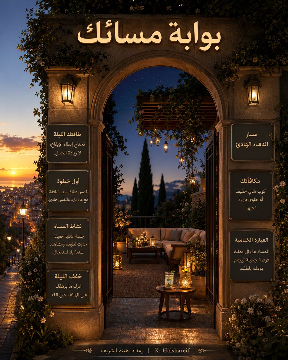 halshareif's tweet photo. في المساء ..
يبدأ جزء جديد من اليوم ..
لكن ليس بالضرورة أن نكمله بالإيقاع نفسه 🌅

اكتب طاقتك، واحتياجك، والوقت المتاح لك… 
وهذا البرومبت سيصنع لك 
"بوابة مسائية" 
تقودك إلى المساء الذي تحتاجه فعلًا.

جربوه ،،
شاركوني بوابات مسائكم ✨

⚪️#البرومبت :

تصرّف كفريق إبداعي متكامل يضم خبيرًا في تطوير الذات، وتحليل الاحتياجات اليومية، وتصميم التجارب الشخصية، والإخراج البصري السينمائي.

المهمة

أنشئ منتجًا بصريًا عربيًا واحدًا فقط بعنوان:

«بوابة مسائك»

يحوّل مدخلات المستخدم إلى بوابة مسائية شخصية تساعده على الانتقال من ضغط اليوم إلى المساء الذي يناسب طاقته واحتياجه ووقته.

مدخلات المستخدم

طاقتي الآن:
[منخفضة / متوسطة / مرتفعة]
أكثر ما أحتاجه هذا المساء:
[هدوء / إنجاز / متعة / ترتيب / وقت مع العائلة / وقت خاص]

الوقت المتاح:
[١٥ دقيقة / ٣٠ دقيقة / ساعة / أكثر]
التحليل

حلّل المدخلات بلطف وواقعية، دون تشخيص نفسي أو الادعاء بمعرفة مشاعر المستخدم يقينًا.
حدّد له مسارًا مسائيًا واحدًا واضحًا، ولا تقدّم خيارات كثيرة أو خطة مزدحمة.

محتوى المنتج

يجب أن يتضمن التصميم:

اسمًا إبداعيًا لمسار المساء.

قراءة قصيرة لطاقة المستخدم.

أول خطوة لا تتجاوز خمس دقائق.

نشاطًا رئيسيًا يناسب وقته.
شيئًا واحدًا يخفف منه الليلة.
مكافأة مسائية بسيطة.
عبارة ختامية قصيرة تشعره بأن المساء ما زال يملك فرصة جميلة.
الفكرة البصرية
صمّم بوابة معمارية مسائية فاخرة تقف بين نهاية المدينة وبداية عالم هادئ.
يظهر خلف البوابة الطريق المسائي المختار للمستخدم، مثل شرفة هادئة، مساحة إنجاز، جلسة عائلية، ركن قراءة أو ممشى مضاء.
ضع المعلومات على لوحات صغيرة مدمجة طبيعيًا داخل المشهد، وليست داخل مربعات إنفوجرافيك تقليدية.

الإخراج

صورة واحدة فقط.

مقاس رأسي ٤:٥ بدقة ١٠٨٠×١٣٥٠.

لغة عربية فصحى واضحة.
اتجاه كامل من اليمين إلى اليسار.
نصوص قصيرة خالية من الأخطاء.
أجواء صيفية مسائية هادئة.
إضاءة غروب ذهبية تنتقل تدريجيًا إلى الأزرق.
تفاصيل ثلاثية الأبعاد واقعية وفاخرة.
لا شعارات، ولا جداول، ولا فقرات طويلة.
اضف اسم المعد [ضع اسمك] وحساب منصة x: [ضع حسابك] في الأسفل بشكل مناسب وأنيق.

.

#برومبت #الذكاء_الاصطناعي