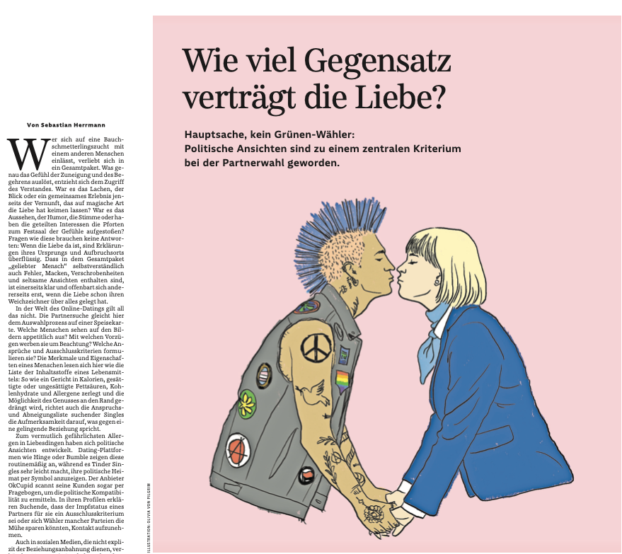 aledinal's tweet photo. Our paper "Sleeping With the Enemy" is featured this weekend in the Süddeutsche Zeitung.
In hi article (how much opposition can love bear?), Sebastian Herrmann uses our study to make the point that political difference between partners has stopped being only a matter of taste. https://t.co/oY76JeTxcC