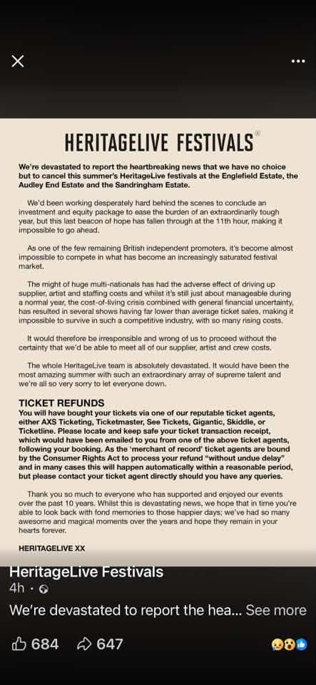 LisaGibbs525944's tweet photo. @MoneySavingExp @MartinSLewis  #audleyend #heritagelive  promoter cancels show, see tickets tell us to apply to promoter for refund  #seetickets  promoter tells us to go to see tickets.  Mail boxes are full, no one helping customers who have paid.  What's the advice please? https://t.co/LeG8zKKr0b