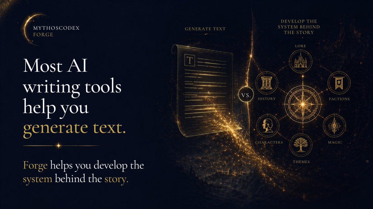 YoungsAtelier's tweet photo. Most AI writing tools help you generate more text.

Forge helps writers build the system behind the story: characters, worlds, series logic, and franchise direction.

It is not just for writing output.

It is for IP development.

Explore:
 /
 /

#MythosCodexForge #MythosCodex #IPDevelopment #AIWritingTools #Worldbuilding #Writers