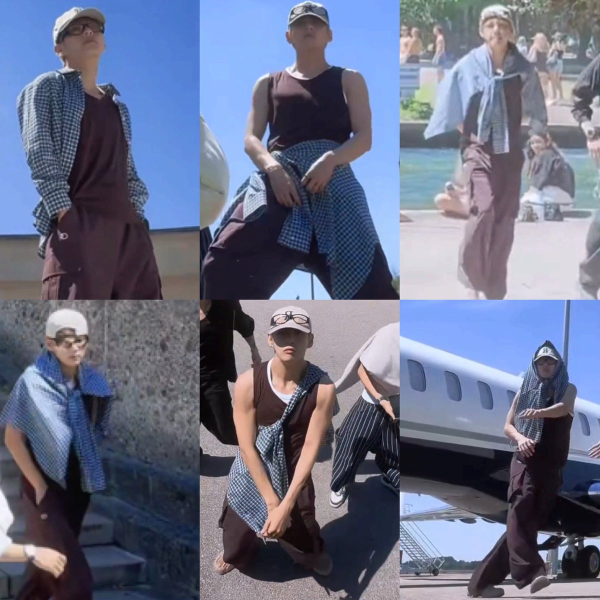 teteslayover's tweet photo. you wouldn’t believe all these taehyung looks are from just one 30 sec vid. he kept styling his jacket differently at every location change, playing around with his cap and shades too. a true fashionista through &amp; through. https://t.co/0NEzbu6tlX