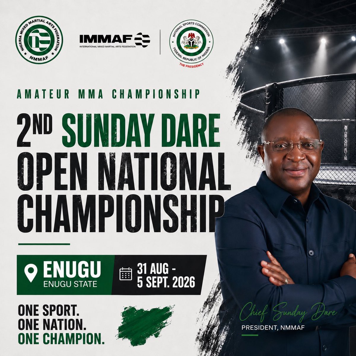 NMMAFed's tweet photo. 🇳🇬 The next chapter begins in Enugu

Every championship strengthens the pathway, raises the standard and prepares the next generation

With @NatSportsComm , Enugu State and IMMAF, we’re building the future of Nigerian MMA.

31 Aug – 5 Sept 2026

#TheNewAgeNMMAF #NMMAF #SundayDare https://t.co/VtKq1a7iUR