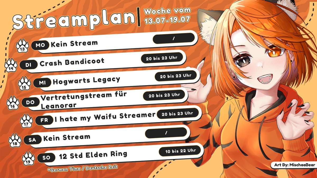 neko_tigress's tweet photo. Das ist mein Streamplan für die Woche und da ich Urlaub habe gibt es auch diesmal 5 Streams🥳 es gibt 3 Solo Streams, am Donnerstag gibt es den Vertretungstream bei @Leanorar_Mao  und am Sonntag gibt es mein 1000 Follower Special wir zocken Elden Pain 12 Std 🥳🐯 https://t.co/GRpvjWK2it