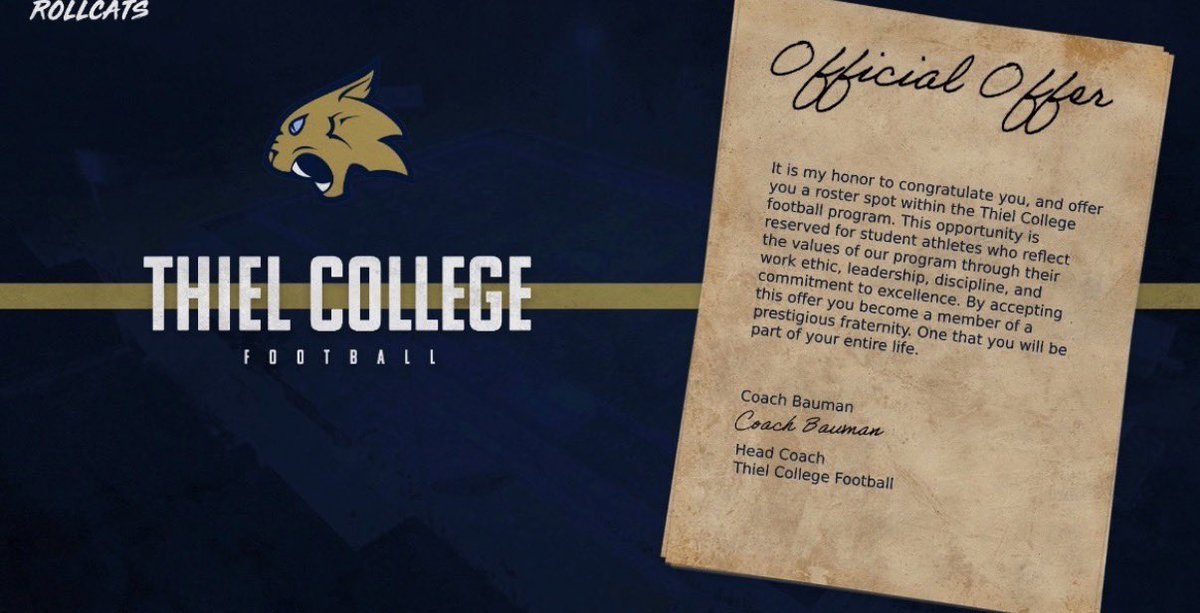 SterlingFurches's tweet photo. After talking to the coaches @Thiel_FB I am blessed to receive an offer! Thank you to the coaches @robferrazzani  @CoachPolis @Coachsbauman for this amazing opportunity! #RollCats https://t.co/AoHU03Wx7b