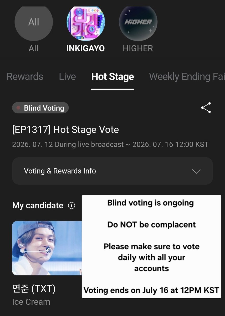 txtvotingcrew's tweet photo. Blind voting for INKIGAYO HOT STAGE is ongoing 👀

⚠️ Do NOT be complacent
🗳 Please make sure to vote daily with all your accounts
🗓 Voting ends on July 16 at 12PM KST

More info below 👇

#MO4TXT #MOAisONE
#TOMORROW_X_TOGETHER https://t.co/p9Z1CDHtEI