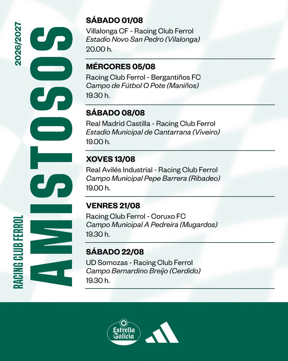 racingferrolsad's tweet photo. 🚨 ACTUALIZACIÓN DA PRETEMPADA 🚨

Últimos dous encontros para completar a nosa preparación antes do inicio da liga 💪💚

Ademais, xa quedan definidos os horarios dos partidos que restan nesta pretempada 🕙

🆚 @CoruxoFCoficial
🗓️ Venres 21 de agosto
🏟️ Campo Municipal A Pedreira (Mugardos)
⏰ 19.30 h.

🆚 @ud_somozas
🗓️ Sábado 22 de agosto
🏟️ Campo Bernardino Breijo (Cerdido)
⏰ 19.30 h.

#IsoQueNosUne #SoñarEnGrande