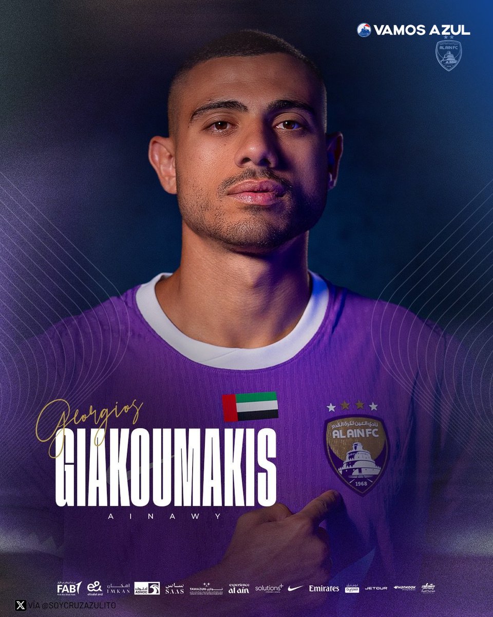 VamosCAzul's tweet photo. 🔵✈️ ¡Oficial!

Giorgos Giakoumakis deja Cruz Azul y fue anunciado como nuevo jugador del Al Ain FC de Emiratos Árabes Unidos. 🇦🇪

El delantero griego firmó por tres temporadas, hasta junio de 2029.

¡Éxito en esta nueva etapa, Gio! 💙👏

#CruzAzul #VamosAzul #Giakoumakis https://t.co/YPt5XaQG8k