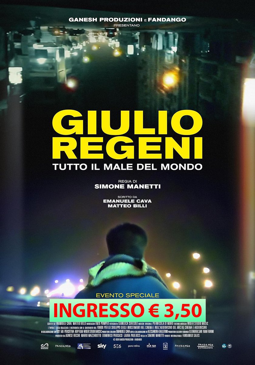 CtnSocial's tweet photo. Cinema d'Estate

martedì 21 luglio 2026 - ore 21.15

GIULIO REGENI - TUTTO IL MALE DEL MONDO

Regia: Simone Manetti

Nazionalità: Italia

Durata: 105

Genere: Documentario

Vendita biglietti online:
https://t.co/LNx6EkO14b

https://t.co/RBXO1Qf0tN https://t.co/8ngLpT5FvM