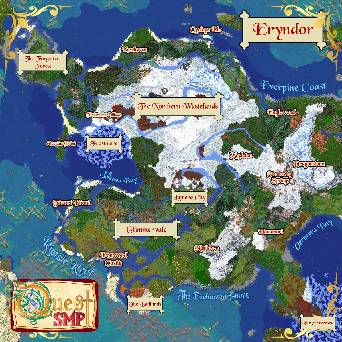 Quest_SMP_'s tweet photo. 🗺️Quest Complete! Here is your reward~ The official map of Eryndor - Our safe haven in the world of Quest ⚔️ https://t.co/G6WCA0vbKt