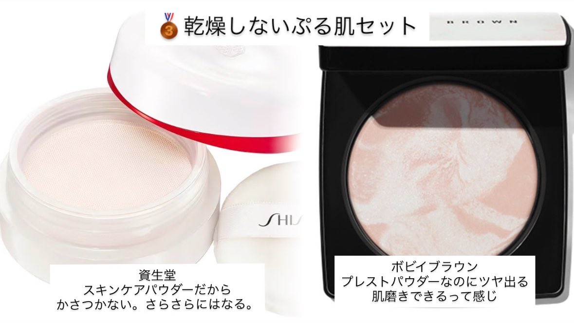 mochi__cosme's tweet photo. そうそうそうそうそうそう！！！！！！！
ルースパウダー➡️プレストパウダーで固定すると何しても崩れないし乾燥しないんだよ
塗る順番と質感を揃えることって何よりも大事
必ずブラシで塗ってね

かなり色々試した私の好きセット↓も載せとく！ https://t.co/VnFQ6M2ZyC