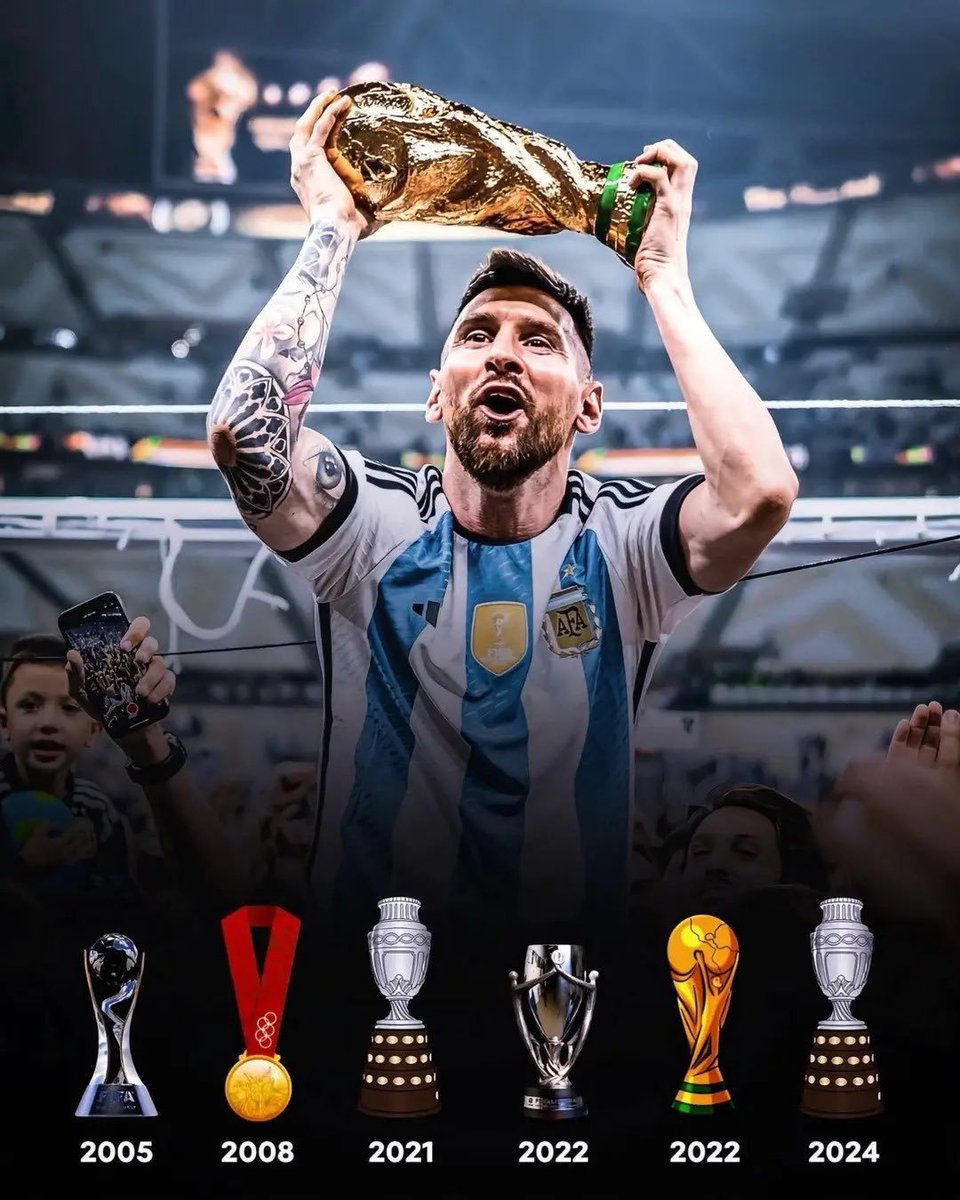 masBOLAA's tweet photo. Pemain sepak bola dengan gelar internasional terbanyak bersama tim nasional adalah Lionel Messi. 

Bersama Timnas Argentina, ia telah mengoleksi 6 trofi internasional utama, yakni: Piala Dunia FIFA (2022), Copa América (2021, 2024), Finalissima (2022), serta medali emas Olimpiade (2008) dan Piala Dunia U-20 (2005).