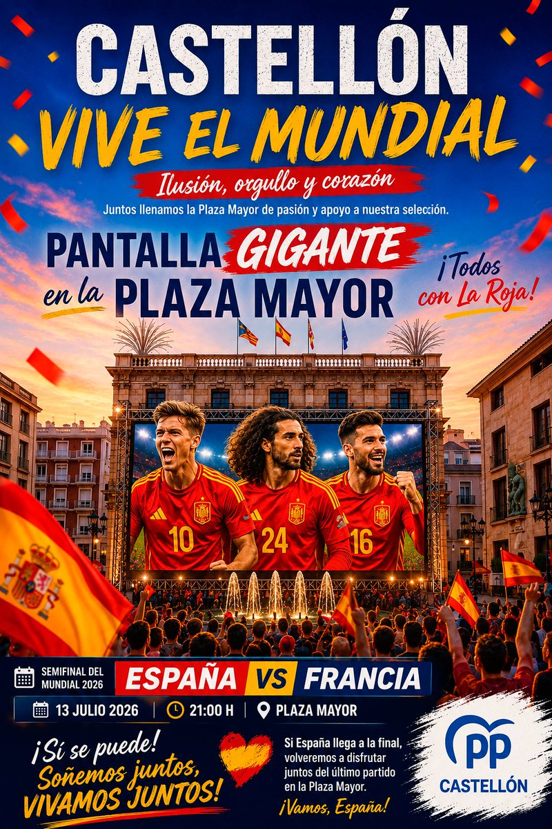 GrupoPopularCS's tweet photo. 🇪🇸 ¡A un paso de la historia!

#España ya está entre las 4 mejores selecciones del mundo y sueña con volver a una final mundialista. Ahora toca un desafío enorme ante Francia, con el objetivo de seguir haciendo vibrar a todo un país.

¡Creemos, soñamos y vamos con La Roja!❤️💛❤️ https://t.co/4MNG4RNj3m