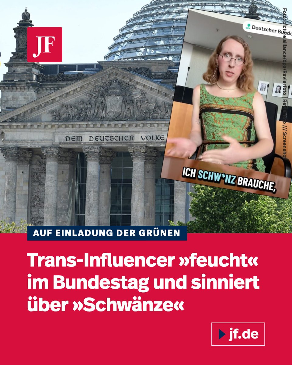 jungefreiheit's tweet photo. Die selbsternannte „biologische Schlampe“ Avelo tritt auf dem Parlamentarischen Abend der Grünen auf. Im Bundestag spricht er darüber, wie sehr er „Schwänze“ braucht, wie „feucht“ er ist und dass er als Mann „verfickte M****is“ wollte. Mit Videos.
https://t.co/rNfCTpDvrB https://t.co/uHO2UGZdgS