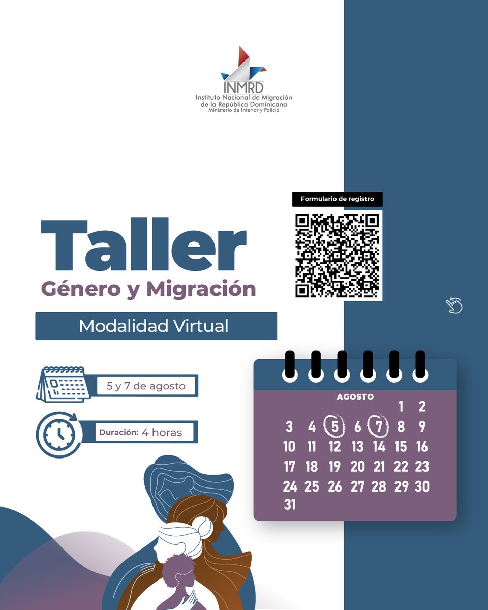 INM_RD's tweet photo. Taller | Género y Migración

El Instituto Nacional de Migración de la República Dominicana (INM RD) te invita a participar en el Taller Género y Migración, un espacio de formación dirigido a profesionales de instituciones públicas, organizaciones de la sociedad civil, organismos internacionales y la academia interesados en fortalecer sus conocimientos sobre migración y género.

🗓️ Fechas: 5 y 7 de agosto de 2026
🕙 Horario: 10:00 a. m. a 12:00 m.
💻 Modalidad: Virtual
⏳ Duración: 4 horas
📜 Certificación para quienes completen ambos encuentros.

📌 Regístrate aquí:
https://t.co/pKEtwf41A3

#INMRD #Migración #Género #DerechosHumanos #GobernanzaMigratoria #Capacitación #RepúblicaDominicana