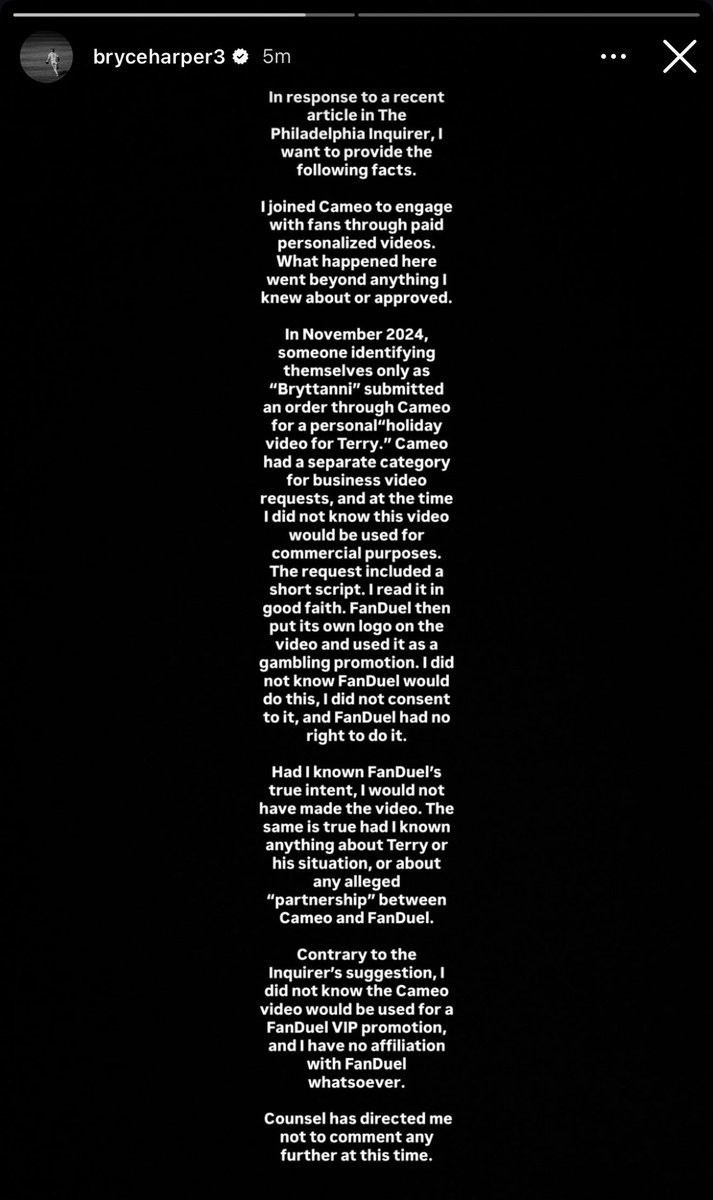 ArcainiLuke's tweet photo. Bryce Harper released a statement on the FanDuel video and Inquirer article, saying it was a cameo under a different name. FanDuel then put their logo on the video. https://t.co/LWkT5V7fHp
