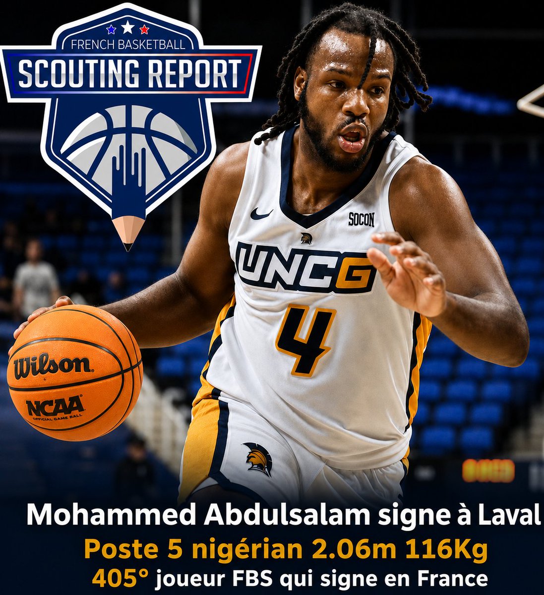 FBasketScouting's tweet photo. ✍️ OFFICIEL | Mohammed Abdulsalam signe à Laval ! 🇳🇬🏀
Le pivot nigérian (2,06 m, 116 kg, Cotonou) rejoint Laval après 3 saisons en Segunda FEB 🇪🇸.
 405ᵉ joueur FBS qui signe en France https://t.co/aeB3UMTMQa
#FBS #Laval #NM1 #Basketball https://t.co/kwi3gFALzC