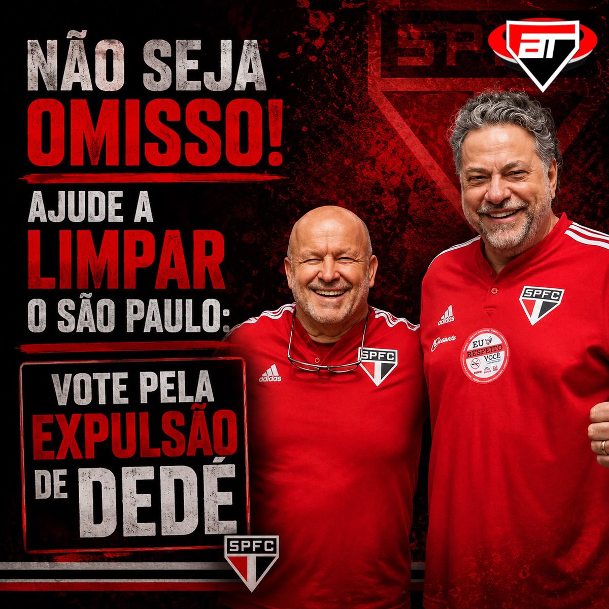 arqtricolor's tweet photo. ⚠️Conselheiro do São Paulo: NÃO SEJA OMISSO!

Hoje o Conselho Deliberativo do São Paulo tem a missão de reverter uma PIPOCADA da Comissão de Ética e expulsar um dos nomes mais prejudiciais ao clube na história recente. 

Antônio Donizete Gonçalves, o Dedé, é alvo de inquérito policial no Departamento Social e responde, no âmbito do clube, por sua atuação no caso FGoal. A representação aponta que o contrato foi rompido após movimentações financeiras consideradas suspeitas na plataforma Zigpay, utilizada para o processamento de pagamentos no Morumbis. A FGoal também afirma que possuía autorização de Dedé para operar.

A Comissão de Ética optou por não recomendar a expulsão. Agora, cabe ao Conselho Deliberativo dar a palavra final.

Para a eliminação do quadro associativo, são necessários 165 votos favoráveis.

Não seja omisso: vote pela expulsão de Dedé. Estaremos de olho. 🇾🇪