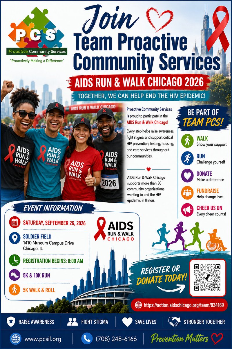 LetsBeProactive's tweet photo. 🏃🏾 Join Team Proactive Community Services for the 2026 AIDS Run &amp; Walk Chicago! Every step helps end HIV stigma and supports prevention, testing, housing, and care. Walk, run, donate, or fundraise with us! ❤️

https://t.co/4Kiq0UyDD4

#TeamPCS #EndHIV https://t.co/xH2C5wL8fU