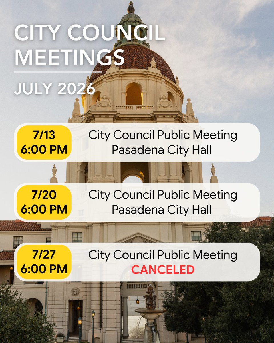 PasadenaGov's tweet photo. Pasadena City Council is scheduled to meet today, Monday, July 13, 6:00 p.m., at Pasadena City Hall, 100 N. Garfield Ave. (Council Chambers Room S249).

Visit https://t.co/rQ950LvzSN for more meetings and events happening this week. https://t.co/sXb3r2QBw3