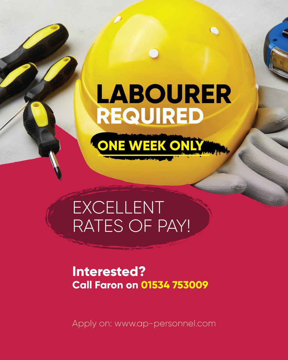 APPersonnel's tweet photo. 🚧 Labourer required in Jersey for one week only.
Excellent rates of pay and immediate start available.
Contact Faron at AP Personnel:
📞 01534 753009
✉️ faron.leprevost@ap-personnel.com
#JerseyJobs #Labourer https://t.co/HBFEcGoLoy
