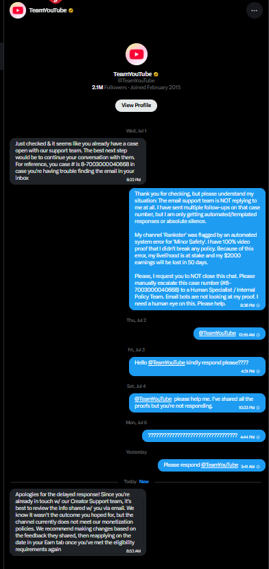 ehtizan9's tweet photo. .@TeamYouTube Your support is broken. Email flags me for 'Minor Safety' but your Twitter DM claims it's a generic 'Monetization Policy' issue. This contradiction proves NO HUMAN is reviewing my video proof: https://t.co/9Lrm1Pj0KY Stop the bot loop! Case #8-7003000040668 https://t.co/caMMhMJhmV