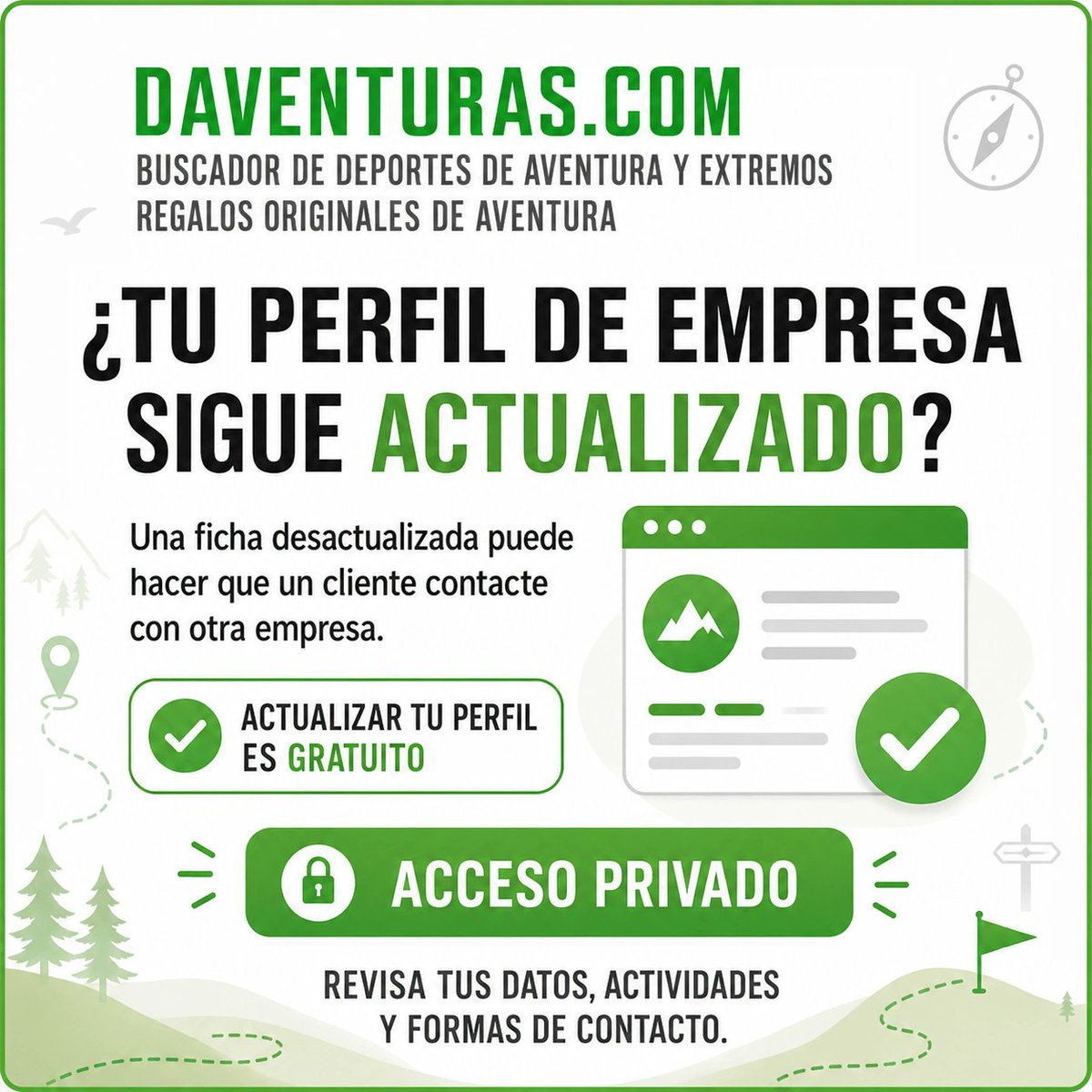 daventuras's tweet photo. ⚠️ ¿Tu perfil de empresa en DAventuras sigue actualizado?

Una ficha desactualizada puede hacer que un cliente contacte con otra empresa.

👉Actualizar tu perfil es gratuito: https://t.co/MEFOPDjl6b

#DAventuras #DeportesAventura #Pymes https://t.co/ui8xsc4cw8