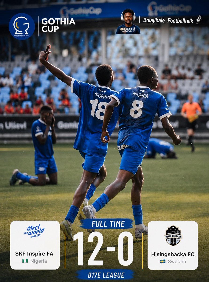 BolajiBale12's tweet photo. 🚨 FULL TIME | Gothia Cup 2026

SKF Inspire FA kicked off their Gothia Cup campaign in emphatic fashion, cruising to a 12-0 victory over Hisingsbacka FC in their opening Group B17 match.

⚽⚽ Faruq Idris
⚽⚽ Alimi Bello
⚽⚽ Rauf Uthman
⚽⚽ Muritala Ayomide
⚽⚽ Bamidele https://t.co/mJGhsn2Inx