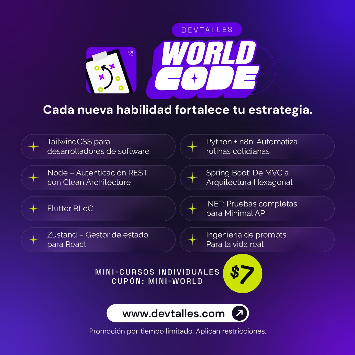 DevTalles's tweet photo. 🏆🧑🏻‍💻¡Arranca la #FASE3 de la #WorldCode26!

 4⃣Por la cuarta fase - semifinal: Mini-cursos en #Oferta a US$7, con cupón MINI-WORLD

⚽️¡Aprovecha este #Descuento para adquirir los minis exclusivos individualmente, sin suscripción!

👉Activala YA desde aquí: https://t.co/TKDuafBcwe https://t.co/1FflO93pxX